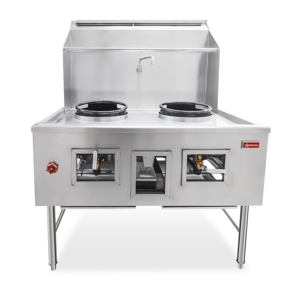 OMCAN - Two Chamber Wok Range with 2 x 13″ Rings, Backsplash, Faucet, 190,000 BTU – Natural Gas