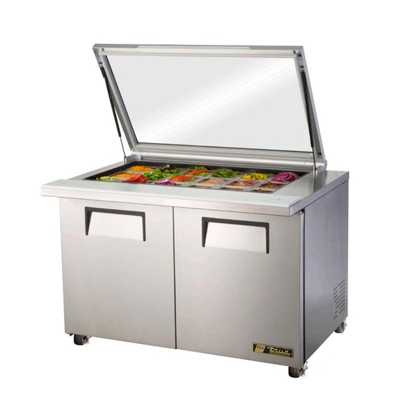 True TSSU-48-18M-B-FGLID-HC 48" 18 Pan Mega Top Salad/Sandwich Prep Table With Flat Glass Lid