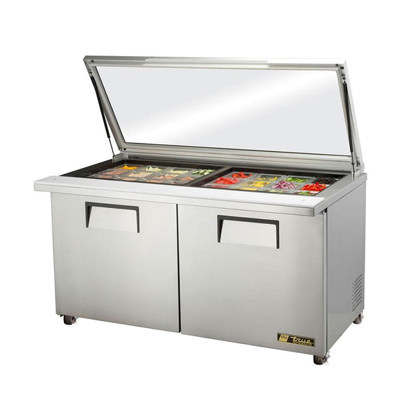 True TSSU-60-24M-B-ST-FGLID-HC 60" 24 Pan Mega Top Salad/Sandwich Prep Table With Flat Glass Lid