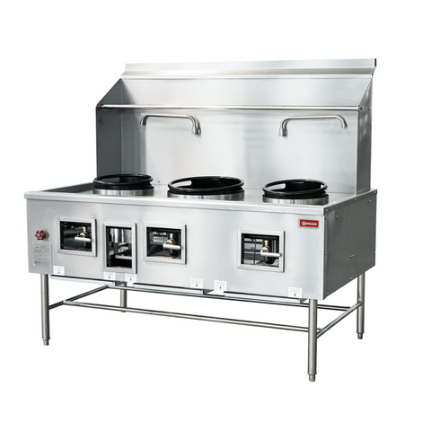 OMCAN - Three Chamber Wok Range with 2 x13″ & 16″ Rings, Backsplash, Faucet, 315,000 BTU – Natural Gas