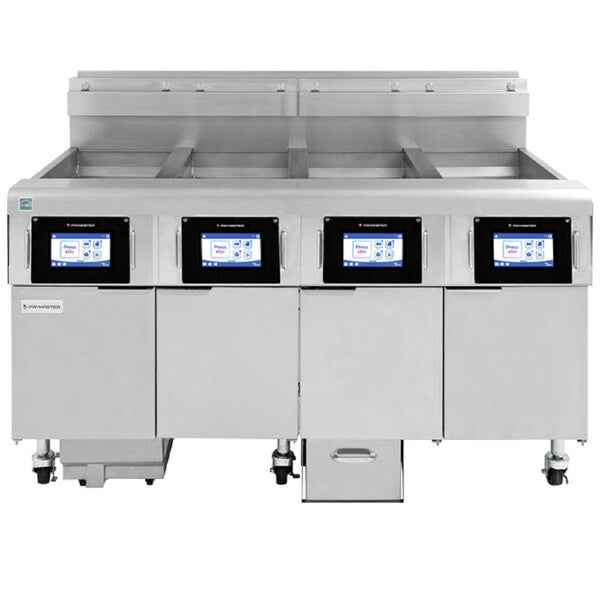 Frymaster 4FQG30U FilterQuick Oil-Conserving 30 lb. Natural Gas Four Unit Floor Fryer with Fully Automatic Filtration System - 440,000 BTU