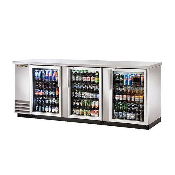 True TBB-4G-S-HC-LD 90" Stainless Steel Glass Door Back Bar Refrigerator With LED Lighting