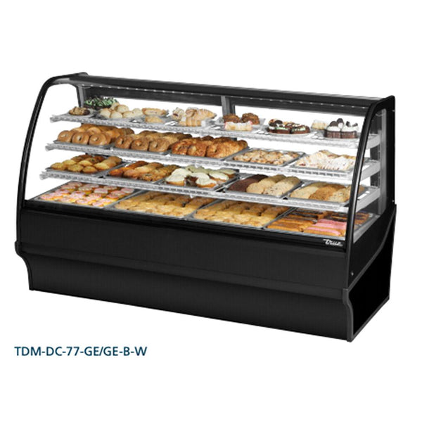 True TDM-DC-77-GE/GE-S-W 77" Stainless Steel Curved Glass / Glass End Dry Case Display Merchandiser with White Interior