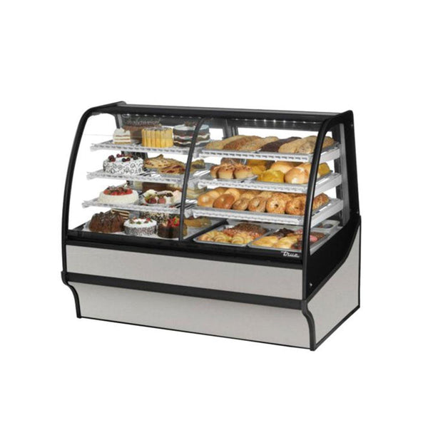 True TDM-DZ-59-GE/GE 59" Stainless Steel Curved Glass Dual Zone Refrigerated Bakery Display Case With Stainless Steel Interior