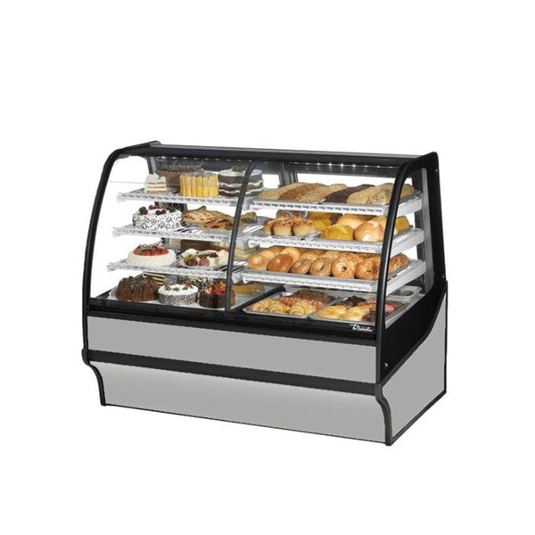 True TDM-DZ-59-GE/GE 59" Stainless Steel Curved Glass Dual Zone Refrigerated Bakery Display Case With White Interior